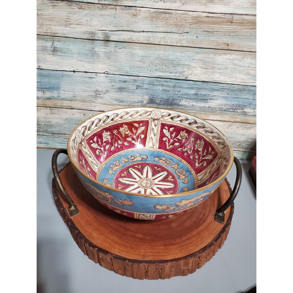 Vintage Neoclassical Decorative  Ceramic Bowl Ornate Red Blue Gold Floral